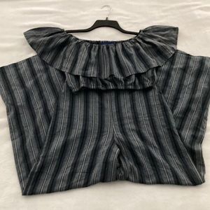 Blue Rain 2 piece set . Small Top , Medium Bottom . Blue, Gray & Black Stripes.